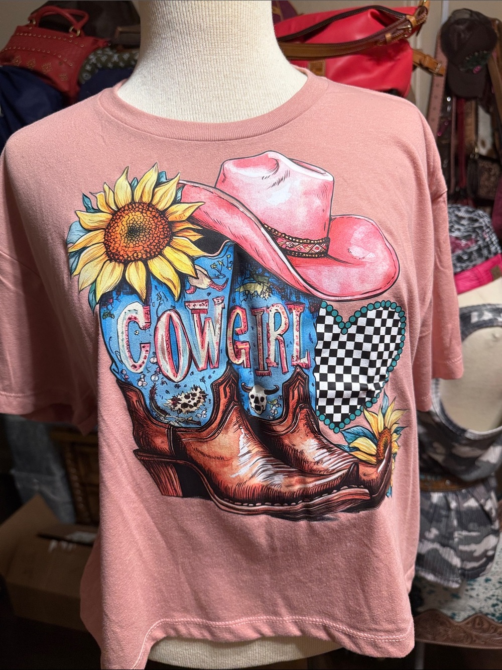 Cowgirl Graphic Crop Tee - Pink Sunflower Western Design